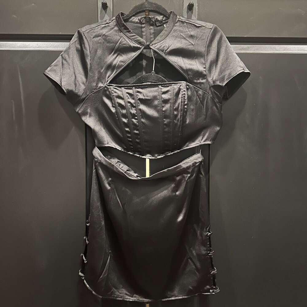 Black Satin Set with High Neck Corset Top and High Caged Slits in Skirt